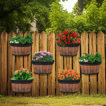 Layhit 6 Pcs Wall Hanging Planters Outdoor Pot Planter Wine Barrel Planter Distressed Oak Thickened Plastic Water Storage Flower Pots for Flower Indoor Outdoor(10 Inches,Brown)