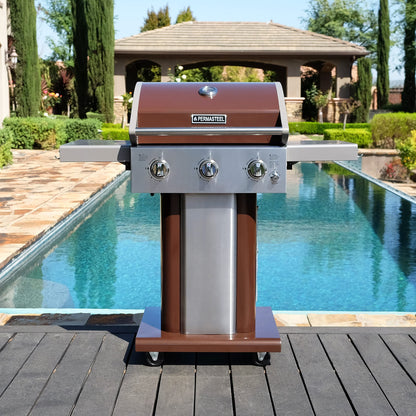 Permasteel 3-Burner Propane Gas Grill, 30,000 BTUs BBQ Grill with Cast Iron Grates, Foldable Side Tables & Tool Hooks, Outdoor Grill, Mocha