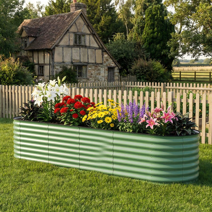 Garvee 8x2x1.5ft Galvanized Raised Garden Bed, Oval Metal Planter Box with Anti-Cut Safety Edges, 179 Gallons Rust-Resistant Deep Root Planter for Outdoor Vegetables, Flowers, Herbs, Green