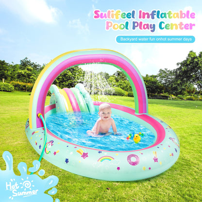 SULIFEEL Rainbow Unicorn Inflatable Play Center Kiddie Pool with Slide and Sprinkler for Children, 96''x59''x39''in Baby Pool for Backyard and Garden