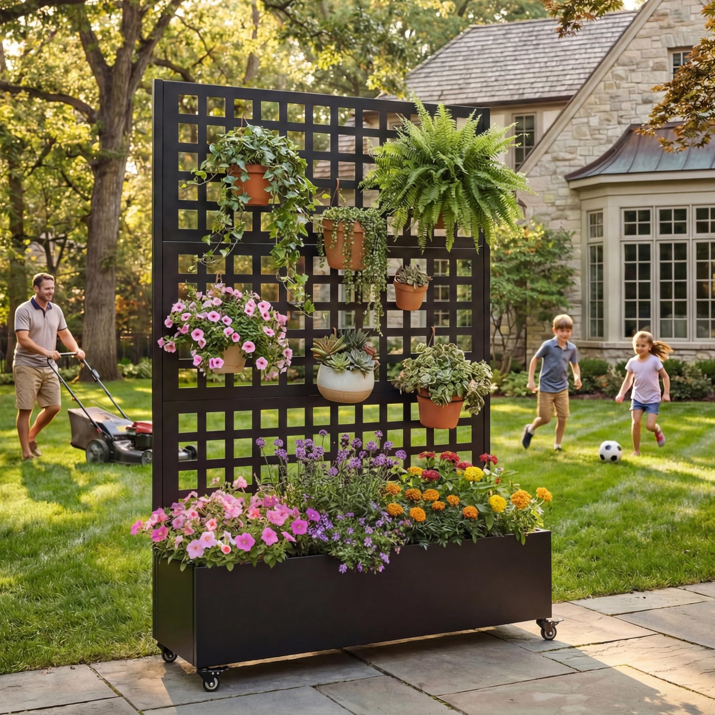 MATONELL 73" Tall Raised Garden Bed with Trellis & Wheels, Galvanized Metal Planter Box for Climbing Plants, Outdoor Planter (Black)