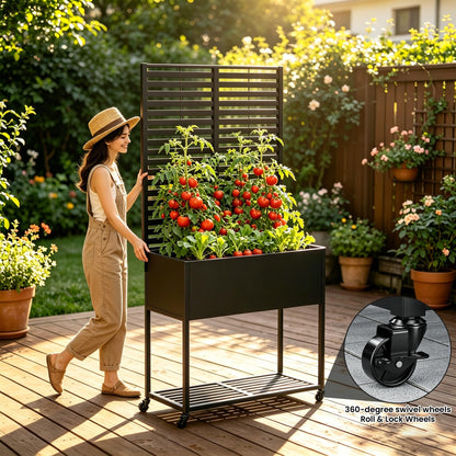 Metal Planter with Trellis for Outdoor,Elevated Rust-Proof Raised Garden Bed with Legs & Wheels,70" Privacy Planter for Climbing Plants & Flowers,Outside Movable Raise Box for Patio,Black (Black)