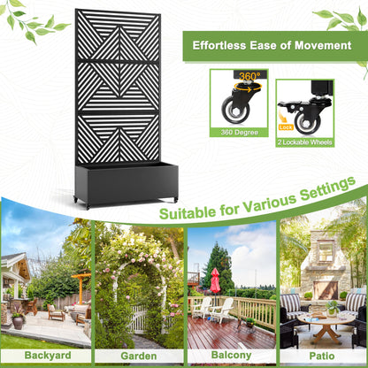 FENCY Metal Raised Garden Bed with Wheels and Trellis,73"x35"x16" Planter Box for Climbing Plants, Vegetables & Vines, Features Privacy Screen and Drainage Holes (Black-Modern)