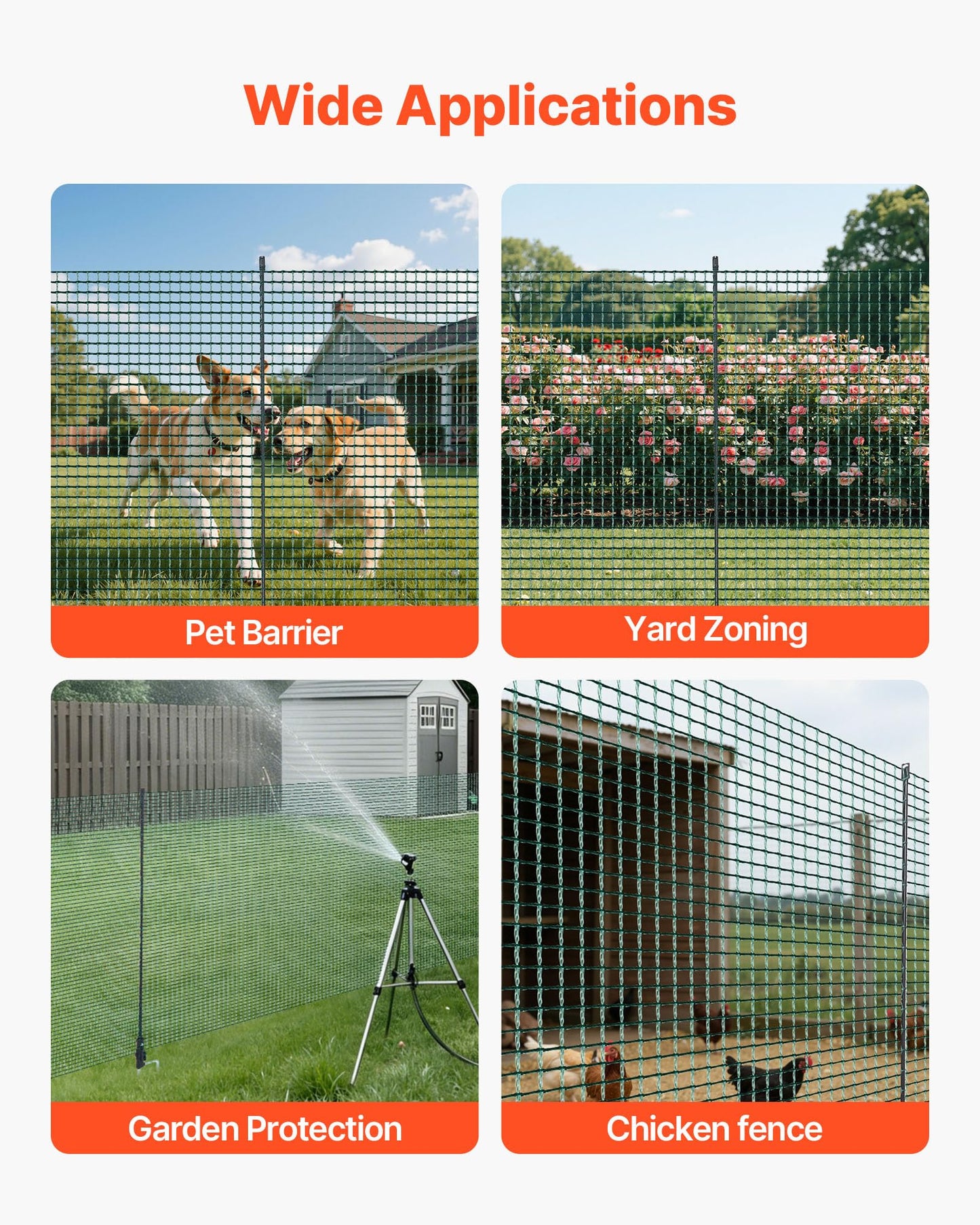 VEVOR Temporary Fence with Posts, 3 x 98.4 FT Plastic Mesh Fencing, Garden Safety Fences Netting with Double-Spike Stakes & Guy Ropes, Temporary Fence for Dogs, Chickens, Plants, Outdoor Yards