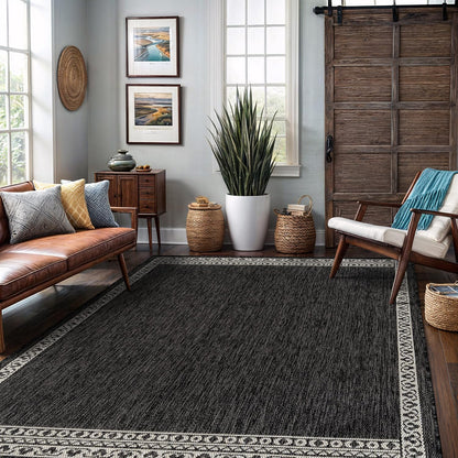 Washable Outdoor Rug 8x10 Modern Area Rugs Outdoor Carpets Bordered Pattern Non Shedding Waterproof Easy Clean Patio Deck Porch Living Room Bedroom Garden RV (8 X 10 Dark Gray)