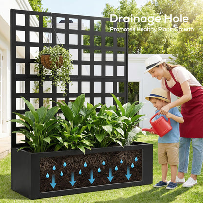 MOMOKOVA Metal Planter Box with Trellis Privacy Screen,46.65" L×12.01" W×70.87" H Raised Garden Bed with Trellis,Drainage Holes Privacy Screen Planter Box for Climbing Plants and Vegetable (Grid)