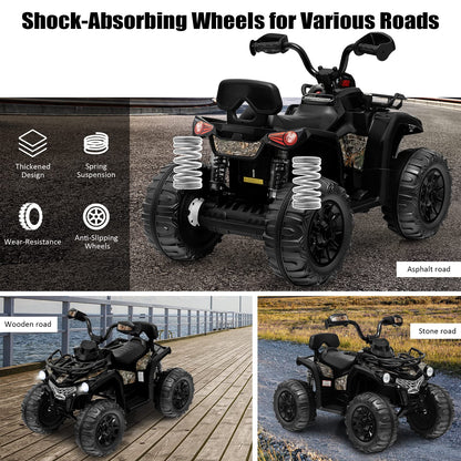 Costzon Kids ATV, 12V Four Wheeler Quad Electric Vehicle w/Forward/Backward Function, 2 Speeds, Music, Headlights, Storage Basket & Backrest, Toddler 4 Wheeler Toy Car for Boys Girls 3+ (Black)