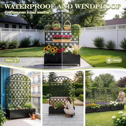 Metal Planter Box with Trellis Raised Garden Bed on Wheels Galvanized Steel Privacy Screen for Patio,Large Self-Watering Container with Drainage Holes for Climbing Plants Vegetables Flowers (Dome)