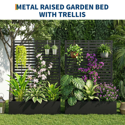 Garvee Metal Planter Box with Trellis, 71.5"x47"x16" Raised Garden Beds with Trellis and Wheels for Climbing Plants Vegetables, Privacy Screen Planter Box with Drainage Holes for Patio Balcony, Black
