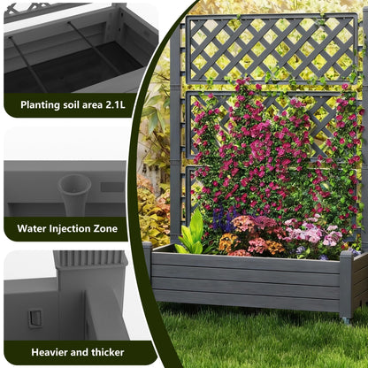 GYMHILL Elevated Raised Garden Bed with Trellis, 21 Gallon Self-Watering Outdoor Resin Planter Box with Lockable Wheels Drain Plug & Water Monitor for Plants Vegetables Flowers Fruits (Black)