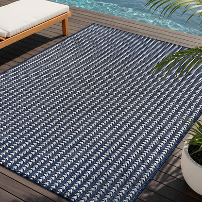 Washable Outdoor Rug 8x10 Modern Area Rugs Outdoor Carpets Striped Pattern Non Shedding Waterproof Easy Clean Patio Deck Porch Living Room Bedroom Garden RV (8 X 10 Navy)