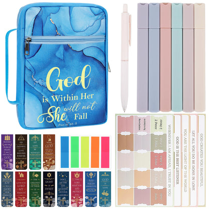 INCOK Bible Journaling Supplies - Bible Journaling Kit God is Within Her Blue Bible Case Bag Tabs Magnetic Bookmarks Gel Pens No Bleed Highlighter Index Tabs Christams Christian Gift for Women