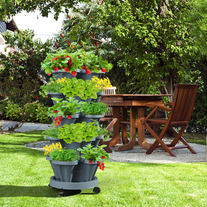 Tectsia Strawberry Vertical Planters Tower Garden 3 Pack, 7 Tiered Stacking Herb Vegetable Planter with Support Pole Indoor and Outdoor - Dark Grey