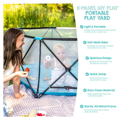 Regalo Safety My Play Deluxe Extra Large Baby Playpen & Portable Play Yard, Foldable 8-Panel Indoor Outdoor Playpen for Babies & Toddlers, Mesh Sides, Washable Nylon Bottom, 62", Aqua/Black