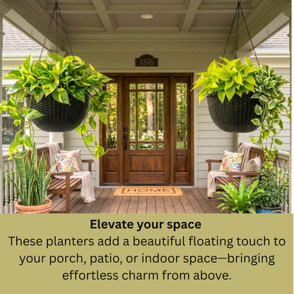 LaLaGreen Hanging Planters for Indoor Plants (11 Inch, 4 Pack) Self-Watering Round Rattan Style Flower Pots with Water Level Indicator, Black Metal Chain Hanging Baskets for Porch Garden Balcony Decor