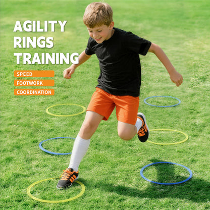 Oranmew Hopscotch Rings – Hoop + Square, 2-Set – (10 Round + 10 Square, 15-inch) + 30 Connectors, Agility Rings for Kids, Gross Motor Skills, Preschool & Kindergarten PE, Playground Obstacle Course