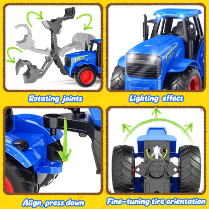Funwee RC Tractor Toy Set with Light & Sound, Kids Farm Car Animal Trailer Wheels Remote Truck, Outdoor Vehicle Toys for 3-7+ Years Old Toddler Boy and Girl Gift(Blue)