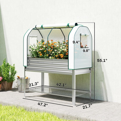 Outsunny Galvanised Raised Garden Bed with Greenhouse Cover, Metal Elevated Garden Bed with Legs, Bed Liner and Bottom Shelf, Outdoor Raised Planter Box for Vegetables, Herbs, Flowers, Silver
