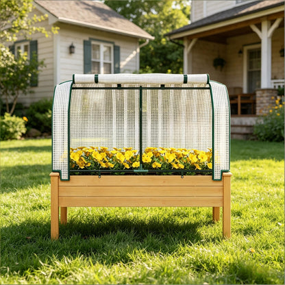 NOXJUQU Raised Garden Bed with Retractable Cover & Small Greenhouse, Elevated Wood Planter Box for Herbs Vegetables Flowers, Suitable for Patio Backyard Balcony Gardening