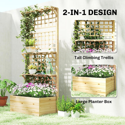 Outsunny Wooden Raised Garden Bed with Trellis and Roof, Elevated Outdoor Planter Box with 2 Shelves, Drainage Hole and Liner for Climbing Plants Vegetables Flowers, Natural