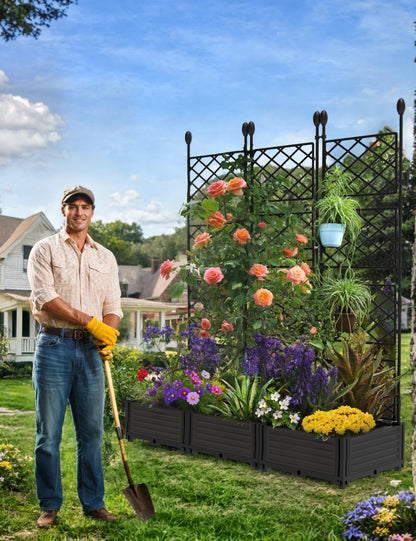 BouPower 4pcs Raised Garden Bed with Trellis & Privacy Screen, 63" h Tall Vertical Planter Box for Climbing Plants, Outdoor Garden Planter Box with Drainage Holes for Patio Balcony, Black