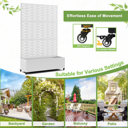 FENCY Metal Raised Garden Bed with Wheels and Trellis,73"x47"x16" Planter Box for Climbing Plants, Vegetables & Vines, Features Privacy Screen and Drainage Holes (White-Brick)