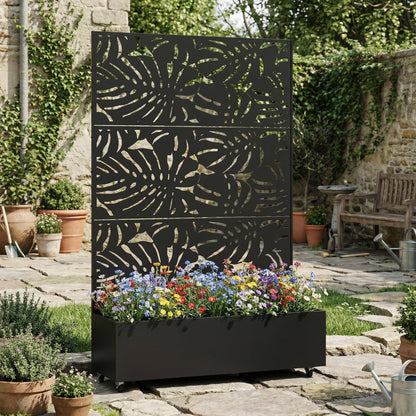 Qatiby Metal Raised Garden Bed with Trellis and Wheels, 71"x47"x16" Planter Box with Privacy Screen & Drainage Holes, Mobile Outdoor Garden Bed for Climbing Plants, Vegetables, Flowers (Black-Summer)