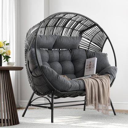 IRONCK 2 Person Egg Chair Outdoor Indoor, Oversized Double Wicker Lounge Chair, Thickened Padded Cushions and Headrests, 680Lbs Egg Loveseat for Patio, Balcony, Living Room, Porch, Gray