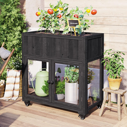 Merax 35.4''x17.7''x37.4'' Raised Garden Bed, Compact 2 Doors Garden Greenhouse with Wheels, Mini Wood Cold Frame Planter Box Stand for Backyard, Patio, Balcony w/Bed Liner,Black