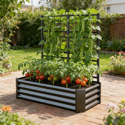 Galvanized Raised Garden Bed with Trellis for Climbing Plants Outdoor,Metal Vertical Garden Planter Box for Patio,Heavy Duty Elevated Garden Bed for Vegetables Tomatoes Cucumbers Flowers Herbs,Black