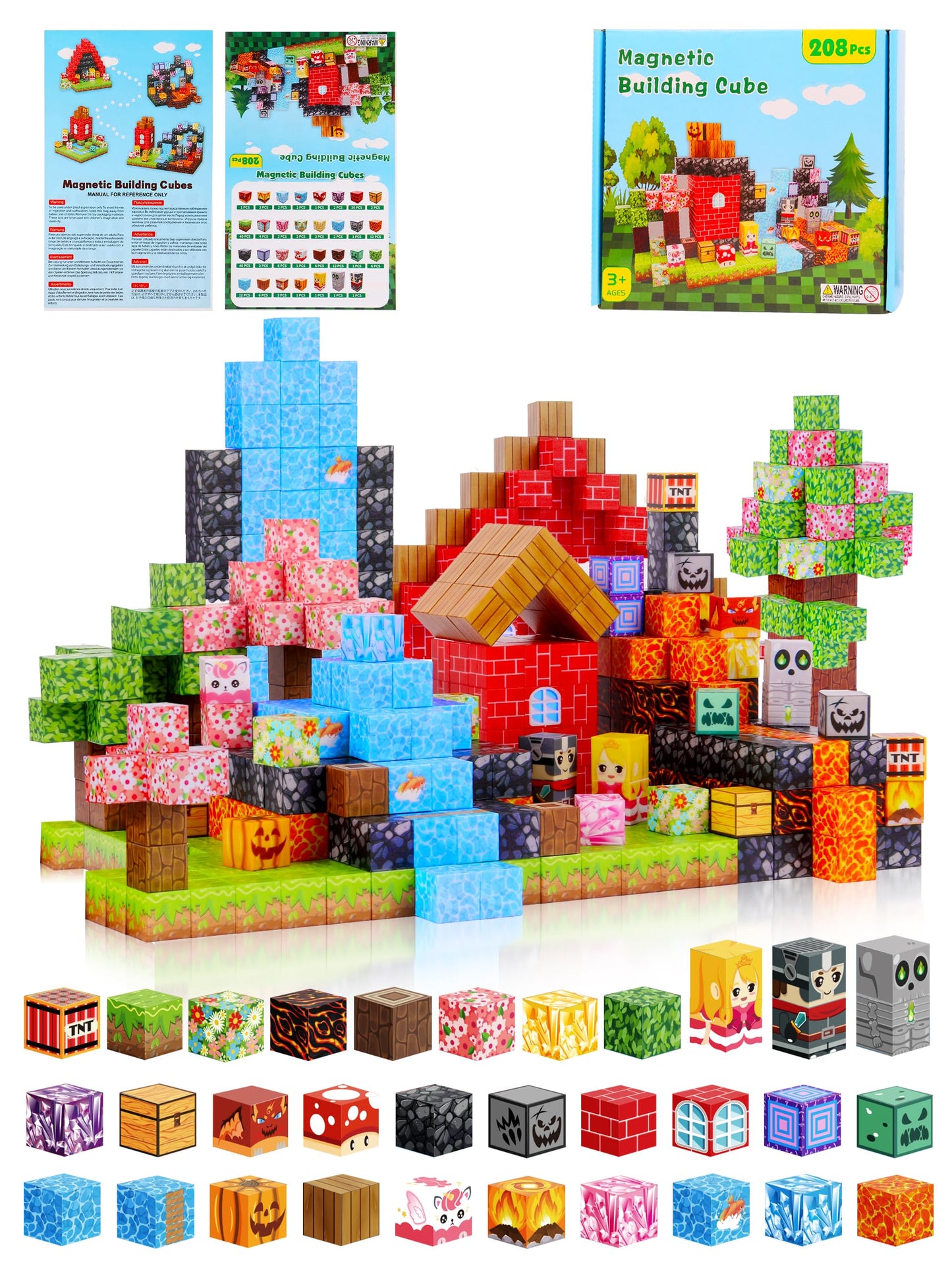 208 PCS Magnetic Building Blocks Toys Kids -0.8in 3D Magnetic Blocks Magnet Build Cubes Boys STEM Constructions Sensory Stacking Toy Set Girls Age 3+,4,5,6,7,8,9,10,11,12 Christmas Birthday Gifts