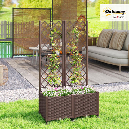Outsunny Planter Box with Trellis, Self Watering Raised Garden Bed with Lockable Wheels, 56.3" Trellis Privacy Planter with Drainage Holes for Climbing Plants, Vines, Vegetables, Flowers, Brown