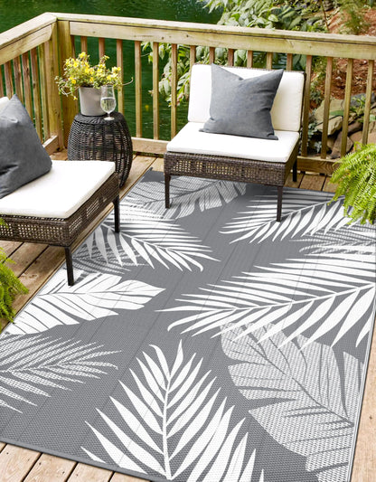 sarben Outdoor Rug 8’x10’ Waterproof for Patio Clearance, Reversible Indoor Outdoor Plastic Straw Camping Rug Carpet, RV Mat, Large Area Rug for Deck, Backyard, Balcony, Porch, Beach, Grey & White