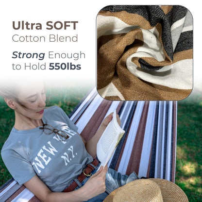 Backyard Expressions Double Camping Hammock with Steel Stand & Carrying Bag, Adjustable Height, Ultra Soft Cotton Blend, 550 lb Capacity, Indoor & Outdoor Portable Hammock