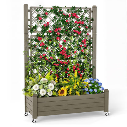 GYMHILL Elevated Raised Garden Bed with Trellis,Outdoor Large Resin Patio Planter Box with Lockable Wheels Drain Plug,Water Monitor for Plants Vegetables Flowers Fruits (Grey, 43.43 * 18.27 * 64.29)