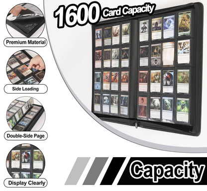 Premium Card Binder 16 Pocket - Fits 1600 Cards，4X4 Ringless Card Album with Sleeves for Trading Cards & Sports Cards（Model C，Classic Black）