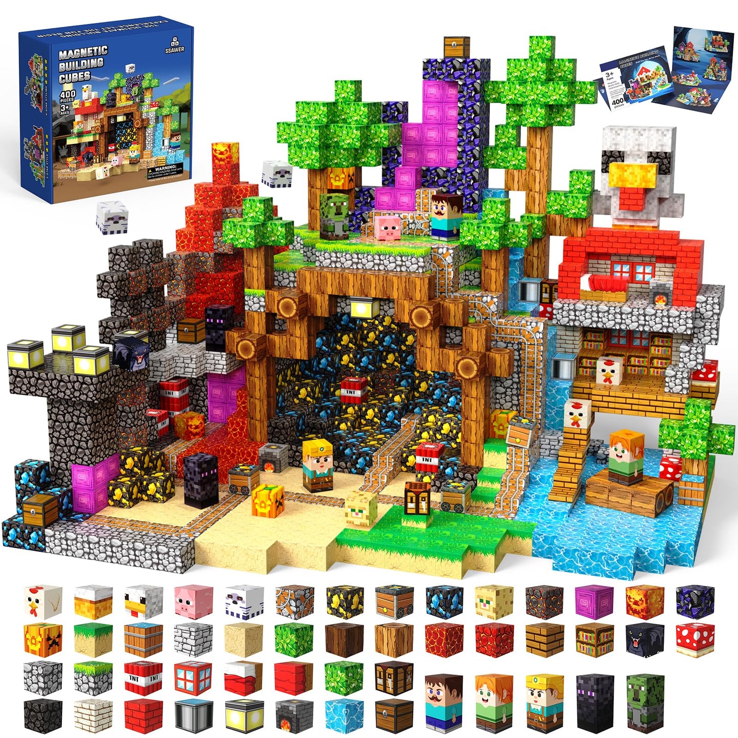 SSAWER Magnetic Blocks, 400PCS Magnetic Building Blocks, Stacking Magnets for Kids, Sensory Toy for STEM Constructions Magnet Blocks for Boys Girls Age 3+, Christmas Birthday Gifts