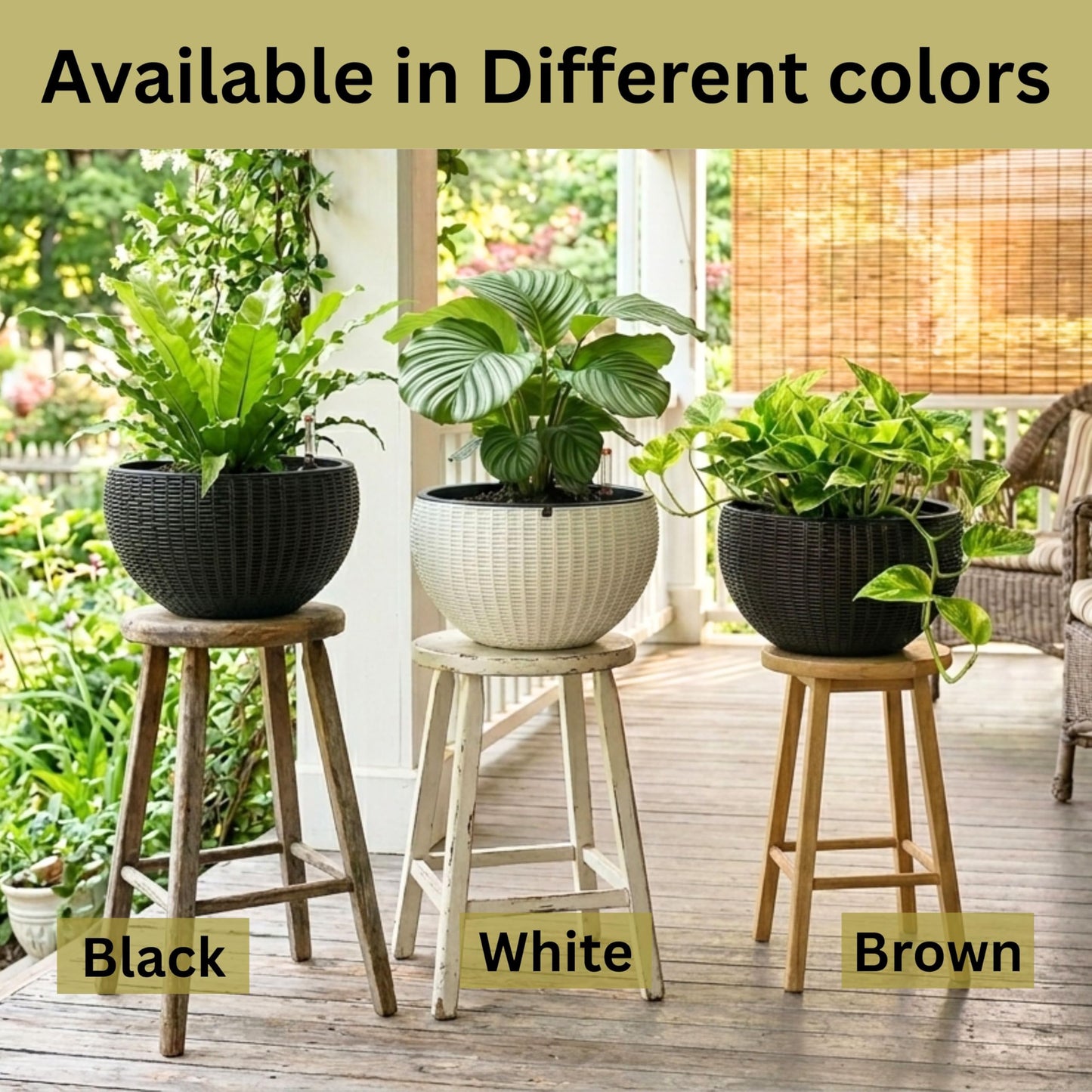 LaLaGreen Hanging Planters for Indoor Plants (11 Inch, 4 Pack) Brown Rattan Style Self-Watering Flower Pots with Water Level Indicator, Round Plastic Baskets with Metal Chain for Balcony, Porch Garden