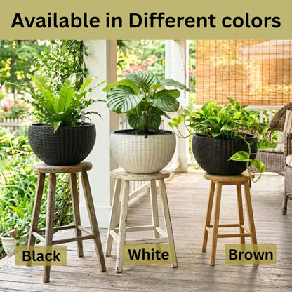 LaLaGreen Hanging Planters for Indoor Plants (11 Inch, 4 Pack) Brown Rattan Style Self-Watering Flower Pots with Water Level Indicator, Round Plastic Baskets with Metal Chain for Balcony, Porch Garden