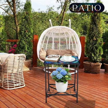 Cinnvoice Outdoor Side Table 2-Tier Storage Square Small Mosaic Patio Accent Indoor End Plant Coffee Tea Table for Yard Patio Porch Garden Living Room, Bedroom(Turtle Style)