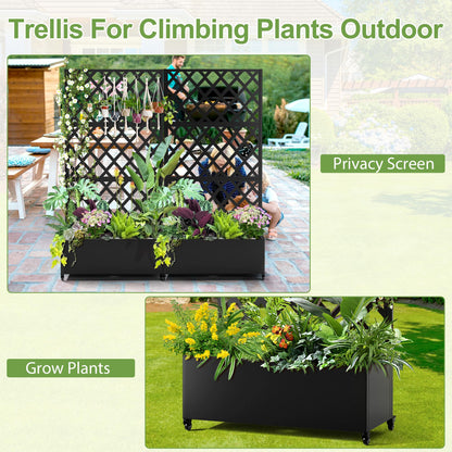 YESUNEED Metal Planter Trellis Box with Wheels & Drain Plug Outdoor Raised Garden Bed Patio Privacy Screen with Planter for Climbing Plants, Vegetables 73"x35"x16" Black-Diamond