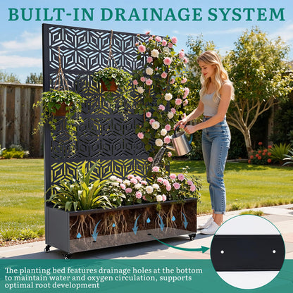 Ultym Metal Planter Box with Trellis, Galvanized Steel Raised Garden Bed with Privacy Screen, Lockable Casters, 73"x47"x16" Planter with Drainage Holes for Outdoor Climbing Plants, Vegetables, Patio