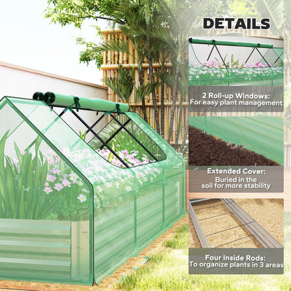 Outsunny 8.6 x 3 x 1ft Metal Planter Box with Mini Greenhouse, Galvanized Raised Garden Bed with Cover for Herbs and Vegetables, Small Greenhouse for Patio Garden Balcony, Green and Silver