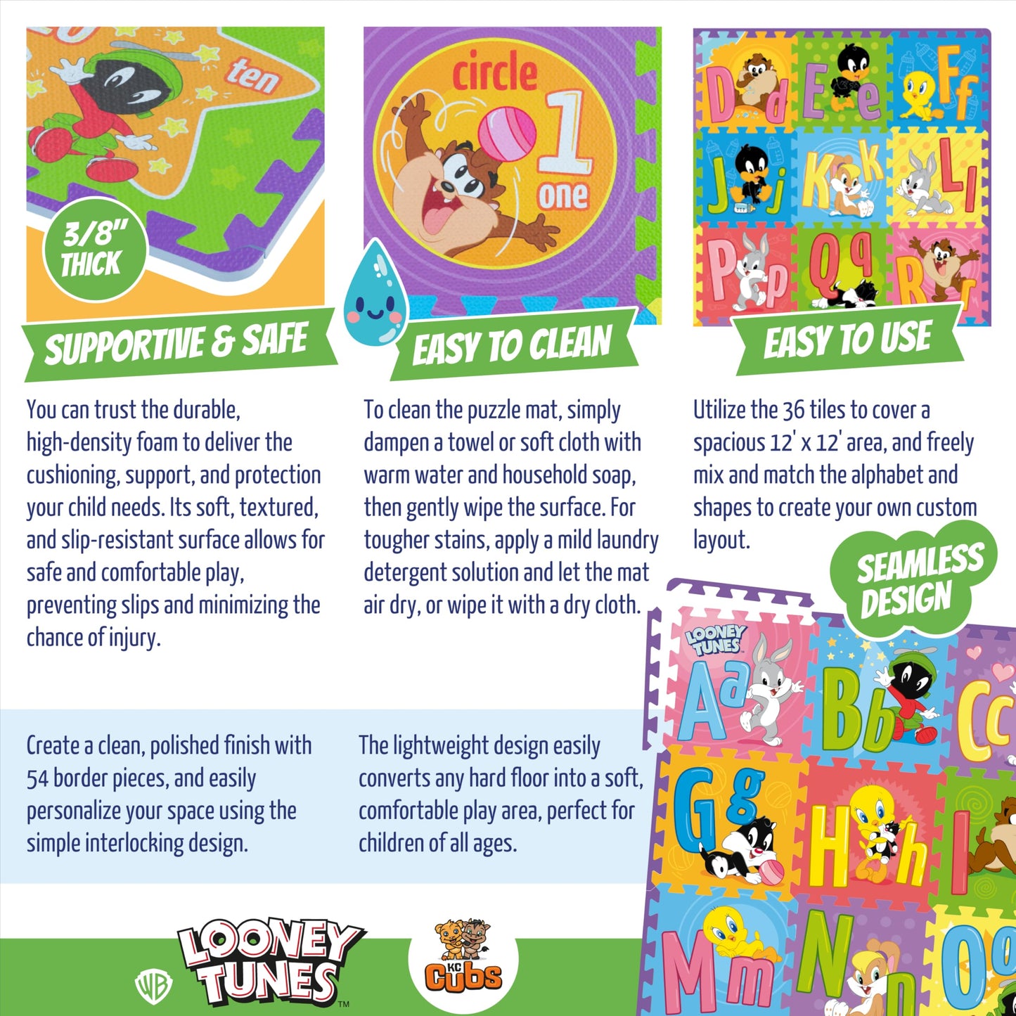 Looney Tunes ABC, Numbers & Shapes EVA Foam Puzzle Mat Non-Toxic Play Mat for Tummy Time, Kids Preschool & Nursery - 36 Tiles, 12x12”, 24 Borders - Educational Playmat for Toddlers & Children, KC Cubs