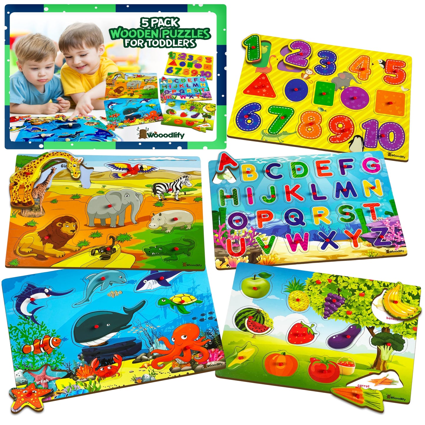 5 Pack Wooden Puzzles for Toddlers 1-3 - Colorful Chunky Wooden Peg Puzzles - Educational Learning Montessori Toys - Toddler Puzzles for Kids Ages 2-4 - Alphabet ABC Number Animal Fruit Shape