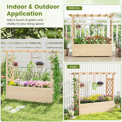 Giantex Raised Garden Bed with Sided Trellis & Hanging Roof, Wood Planter Box, Freestanding Garden Planter Raised Bed for Flowers Herbs Climbing Vines 45”x16”x41” (L x W x H)