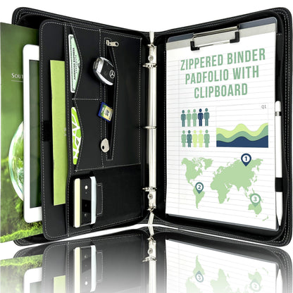 STYLIO Zipper Portfolio Binder | Padfolio 3 Ring Binder (1") and Clipboard Folio (Removable)| Portfolio Organizer for Documents, iPad, Tablet, Phone |Faux Leather Notebook Folio for Men & Women