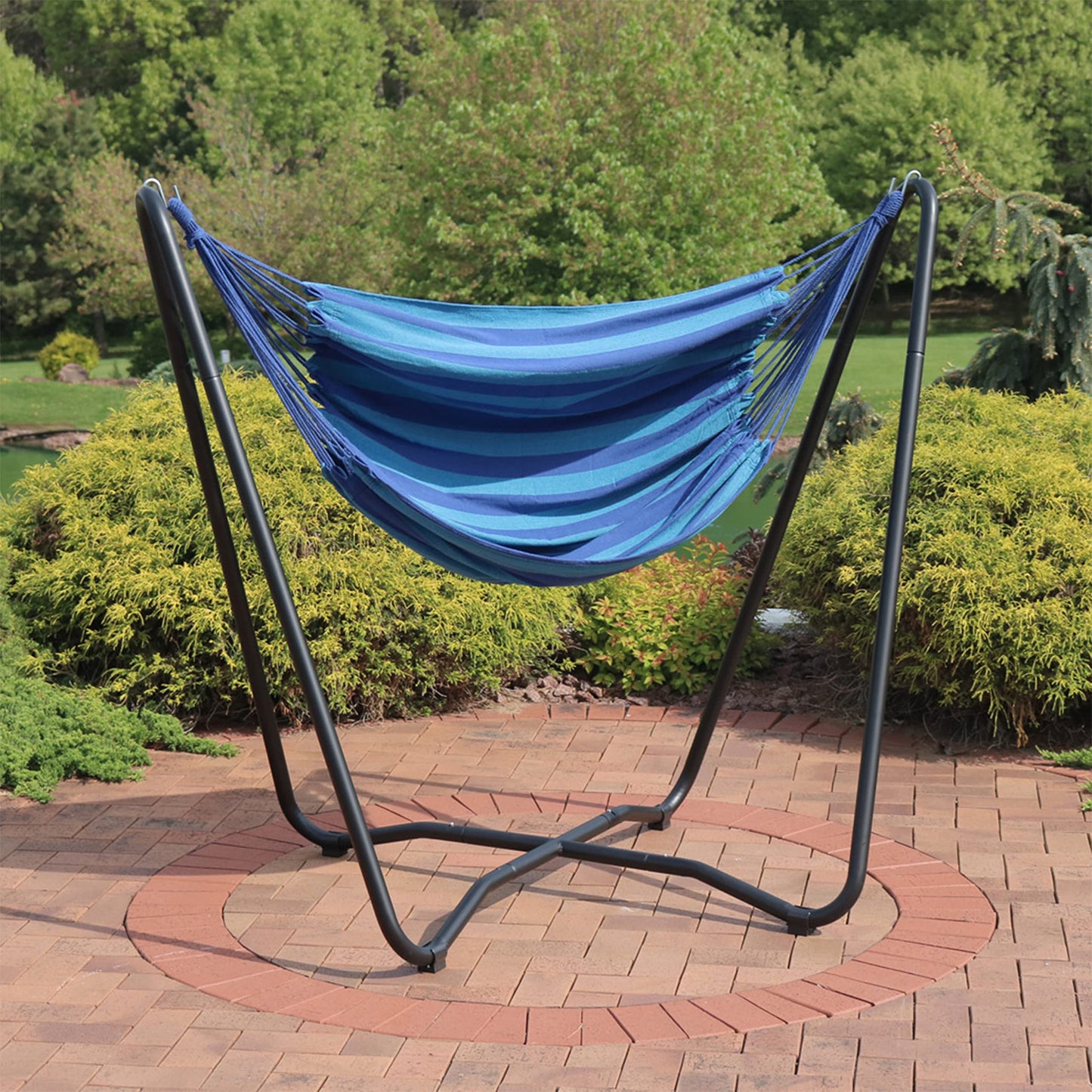 Sunnydaze Hanging Hammock Chair with Space-Saving Stand for Indoor or Outdoor Use - 330-Pound Capacity - Beach Oasis