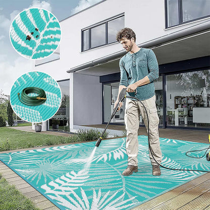 HiiARug Outdoor Rug for Patios Clearance, 6x9 Waterproof RV Rugs for Outside, Reversible Plastic Straw Mat Large Quick Drying Outdoor Rugs for Deck Trailers Campers Porch Beach Backyard,Teal & White