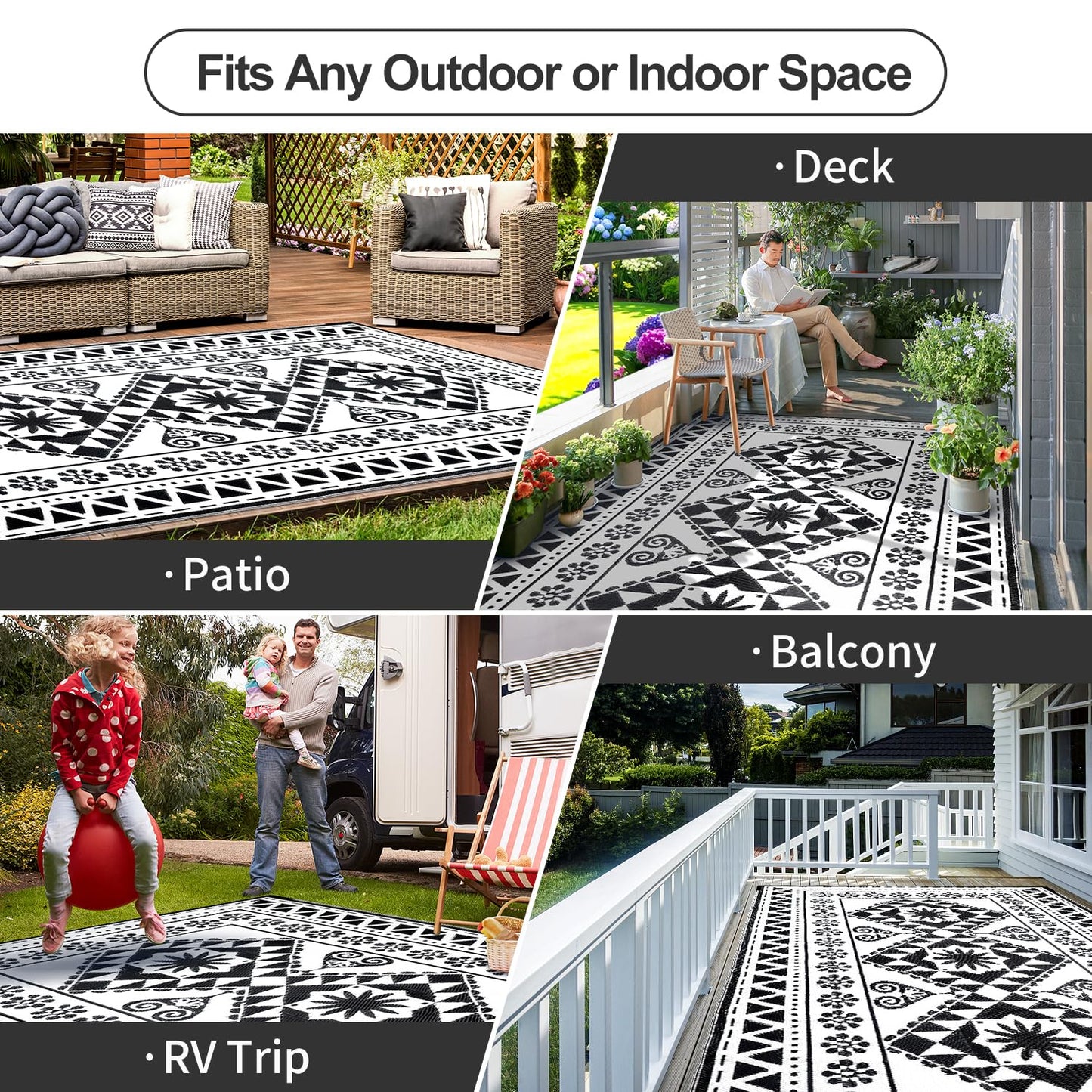 Waterproof Outdoor Rug 8x10ft, Reversible Plastic Straw Mat Rugs for Patio RV Deck Porch Backyard Balcony Camping Picnic Beach Indoor Outdoor Carpet, Black&White